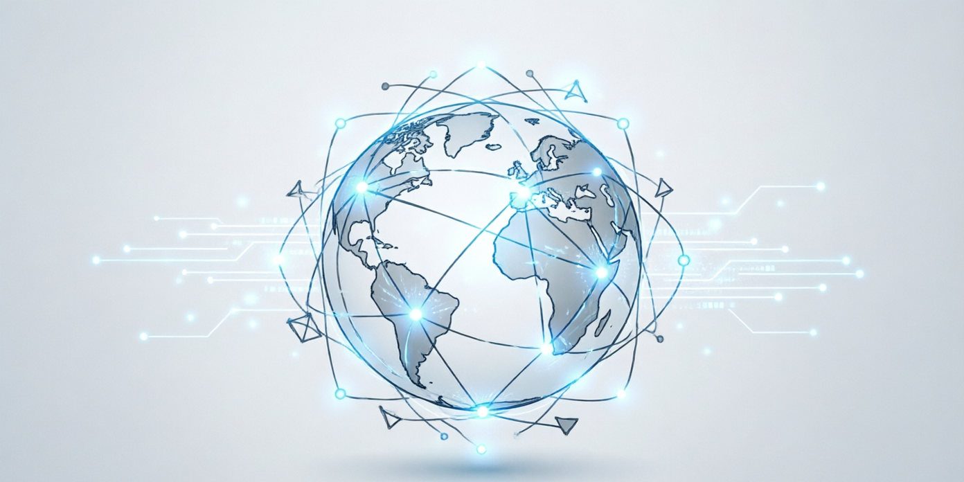 Abstract tech globe illustration representing international supplier network for secure global sourcing of kiosk hardware
