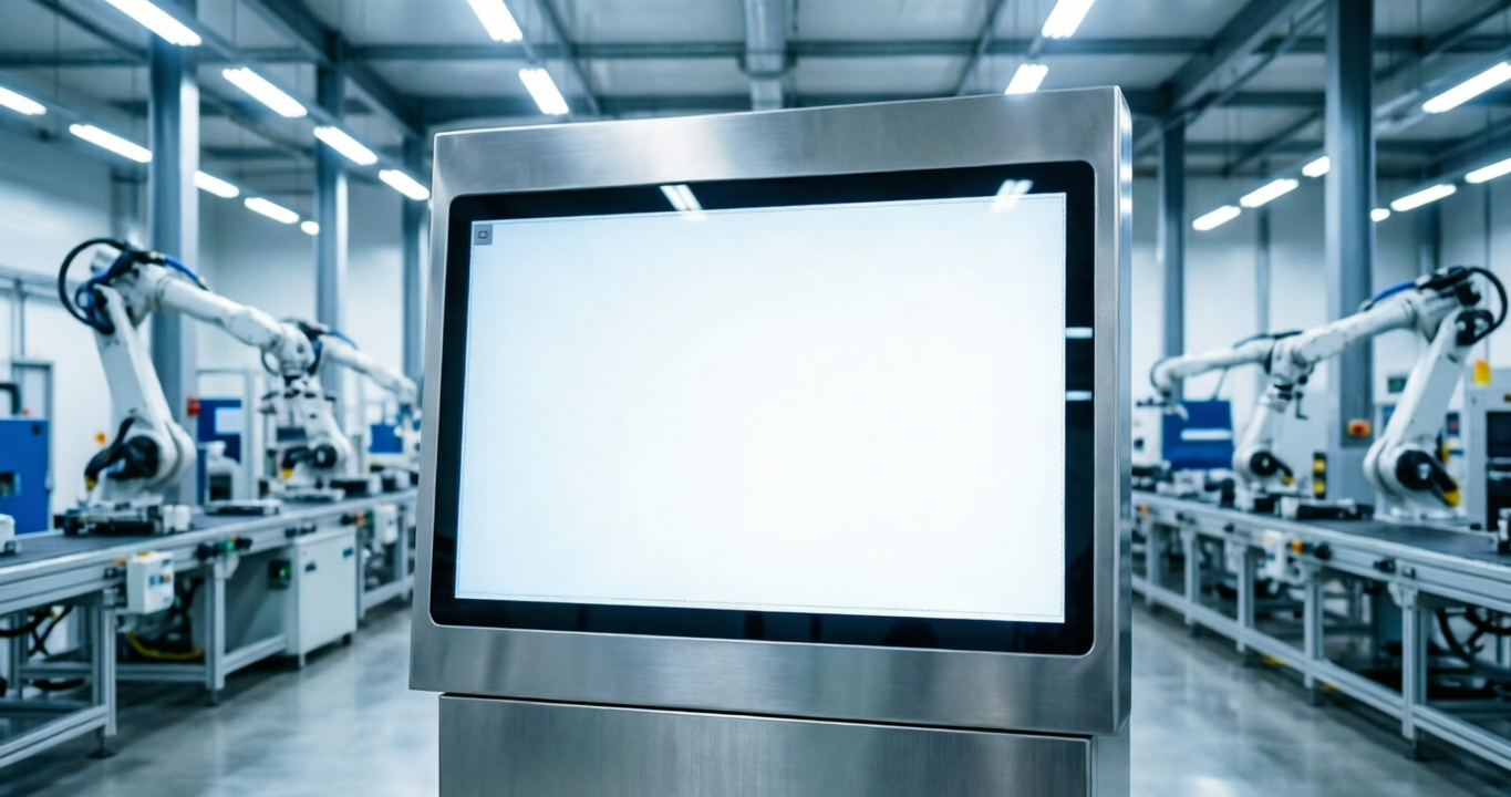 Industrial touch screen kiosk hardware with Android and Windows OS support, shown inside a high-tech automated smart factory