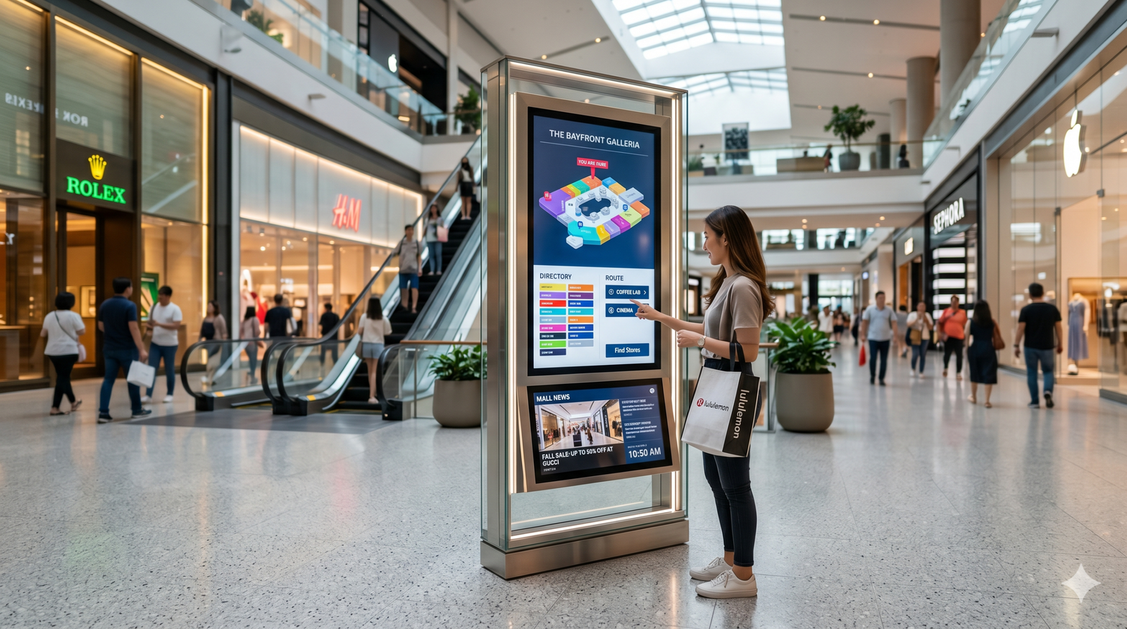A customer using a dual-screen digital wayfinding kiosk displaying an interactive 3D mall directory map inside a modern shopping center