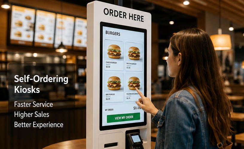 Self-ordering kiosk in a quick service restaurant