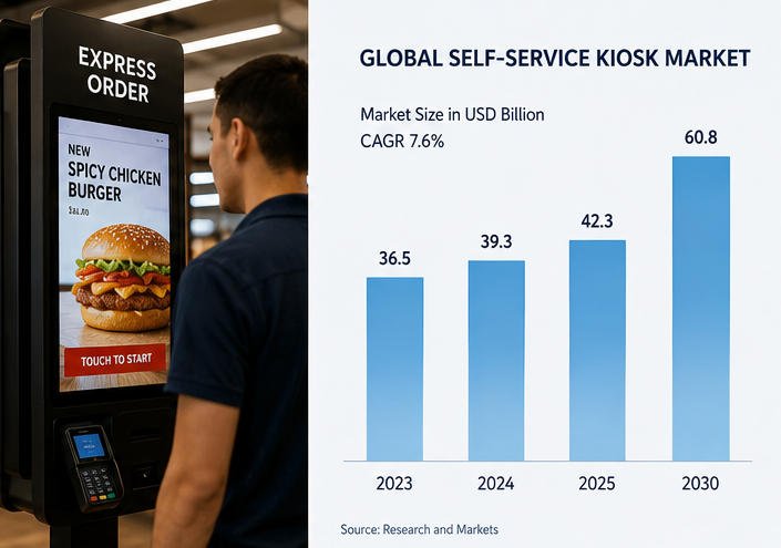 Customer using touchscreen restaurant ordering kiosk