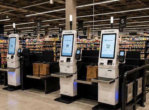 customer using a retail self checkout kiosk