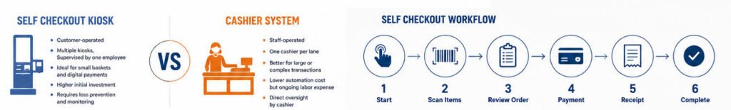kiosk vs cashier checkout workflow comparison