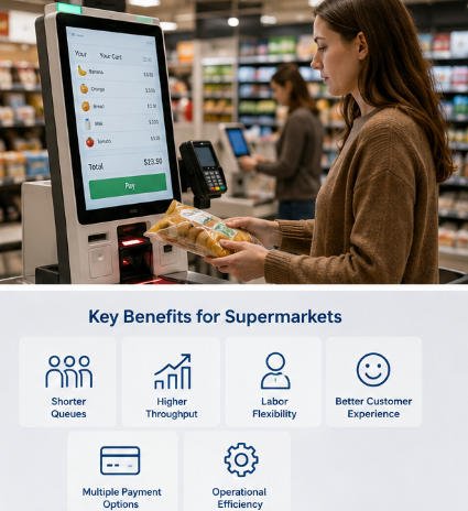 customer using a supermarket self-checkout kiosk