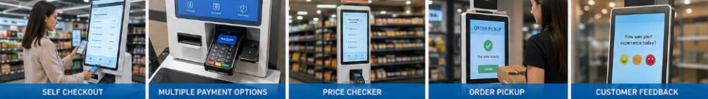 Customer using a retail self-service checkout kiosk