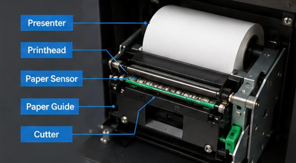 Thermal printer paper-path and presenter structure