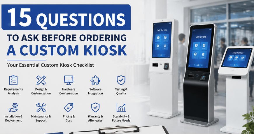 Custom kiosk checklist showing questions buyers should ask before ordering a self-service kiosk