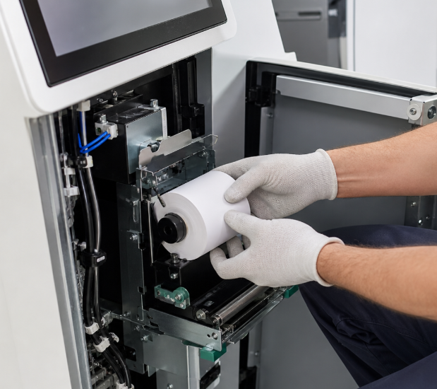 Technician replacing a thermal receipt paper roll inside a self-service kiosk