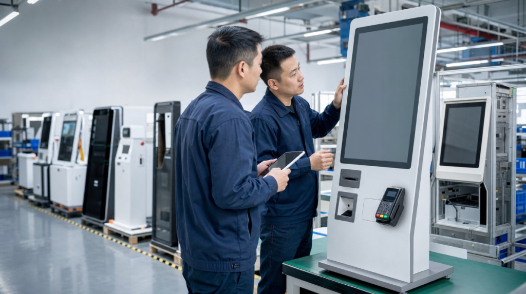Self service kiosk manufacturer engineers reviewing an OEM kiosk project
