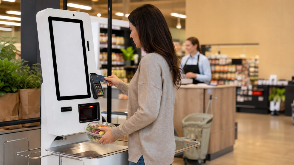 Custom self-service payment kiosk in a modern retail store